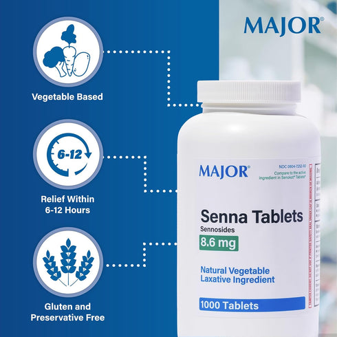 MAJOR Senna 8.6 mg Natural Vegetable Laxative Tablets, Made with Sennosides, 1000-Count