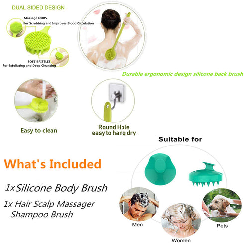 Silicone Body Scrubber & Scalp Massager, Long Handle Back Brush for Shower and Exfoliating