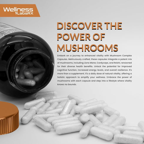 Organic Mushroom Supplement Capsules - 10000mg 25 in 1 Mushroom Complex - 120 Count Lion's Mane, Turkey Tail, Reishi