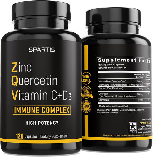 SPARTIS Zinc Quercetin 500mg Supplement with Vitamin C, D3, Bromelain - Immune Support, 120-Caps, 1 Bottle