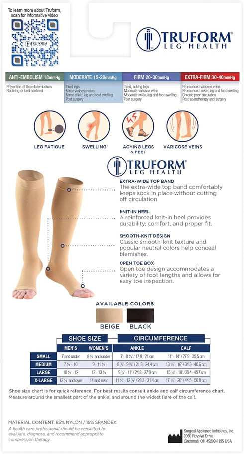 Truform Compression Stockings for Men and Women, 15-20 mmHg, Knee High Length, Open Toe, Beige, Large