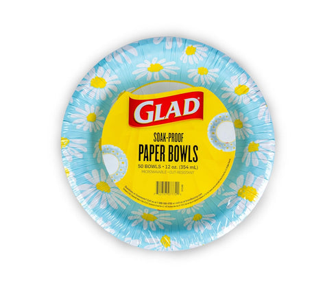 Glad Everyday Disposable Paper Bowls, 12 oz, 50 Count with Lovely Daisies Design, Cut-Resistant & Microwavable