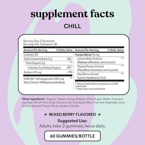 Lemme Gummies 300mg KSM-66 (60 Count) Chill Stress Relief with Ashwagandha, Lemon Balm, Passionflower & Goji to Support