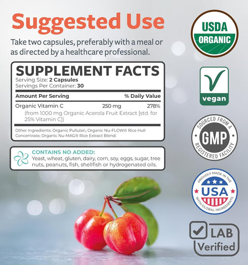 Immune (1 Certified Organic Vitamin C Supplement - Whole Food Acerola Vitamin C Support Supplement for Seasonal