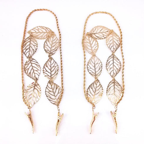 yueton 2pcs Fashion Ladies Hollow Out Leaves Gold Chain Alligator Clips, Hair Clips for Bride