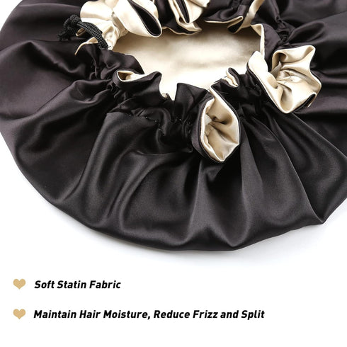 Satin Bonnet for Women | Large Sleeping Cap for Long Curly Hair | Adjustable Night Cap (Double Layer Black/Champagne)