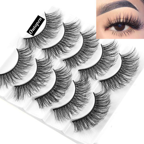 outopen 3D Mink Lashes Natural Wispy False Eyelashes 15mm Fluffy Long Eye Makeup Tools 5 Pairs Pack (Q1 | 13-15MM)