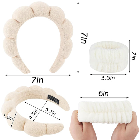 4Pcs Spa Headband Set for Women, Soft Terry Cloth Makeup Skincare Bubble Headband, Non Slip Hair Accessory Beige