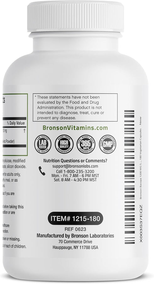 Bronson Bacopa (1200mg Equivalent from 8:1 Extract) Supports Healthy Brain Function, Non-GMO, 180 Vegetarian Capsules