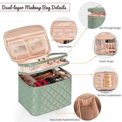 OCHEAL Large Double Layer Makeup Bag, Vertical Storage Cosmetic Case for Women/Girls with Multiple Compartments-Green