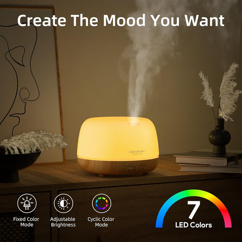 ASAKUKI Essential Oil Diffuser, Ultrasonic Aromatherapy Humidifier with 7 Colors Lights, 2 Mist Modes for Home