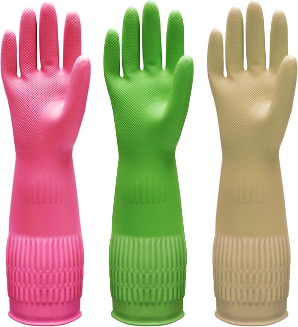Bamllum 3 Pairs Rubber Dishwashing Gloves for Kitchen Cleaning – Long Cuff 15", Reusable Non-Slip