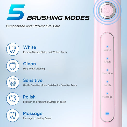 Toothbrushs-8 5 2 IPX7 Waterproof,30 YUNCHI Electric Toothbrush Pink, Battery Toothbrush for Adults, Rechargeable Brush