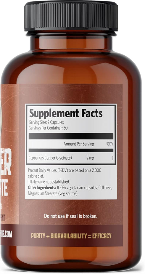 Copper Glycinate Mineral Supplement 1 mg, 60 Vegan Caps, Essential for Collagen Production, Gluten Free