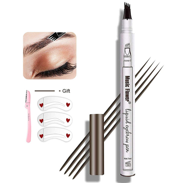 MoonKong Eyebrow Pen, 4 Point Waterproof Eyebrow Pencil Makeup, Eyebrow Kits with 3 Stencils, 1 Brow Razor (4# Black)
