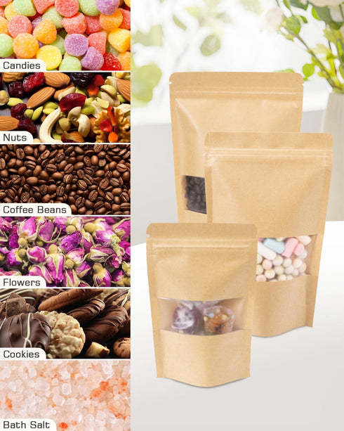 Resealable Bags 200 Packs Coffee Bags, Packaging Bags for Small Business, Stand Up Pouches with Window, Kraft Paper Bags