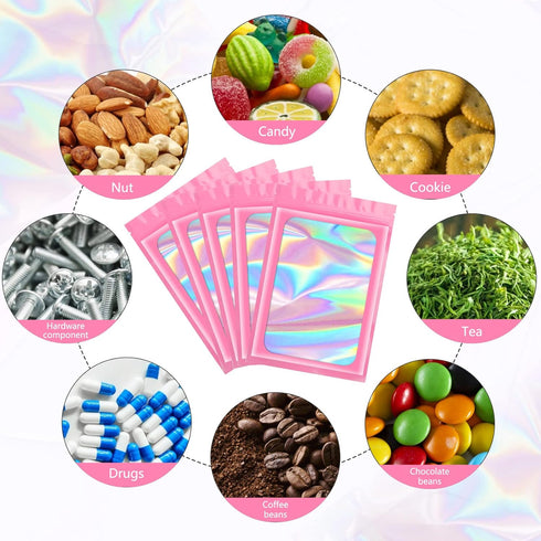 Funfery 100 pcs Pink Holographic Mylar Packaging Bags, Resealable Smell Proof Foil Pouch for Small Business (4x6In)