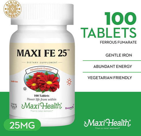 Maxi Health Iron Supplement for Women & Men, Gentle Iron 25 mg, Non-Constipating, 100 Tablets