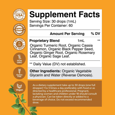 Organic Turmeric Liquid Drops for Adults - Liquid Turmeric Curcumin with Black Pepper Cinnamon and Ginger for Joints Digestion Immunity & More - Organic Turmeric Supplement Concentrate (2oz)
