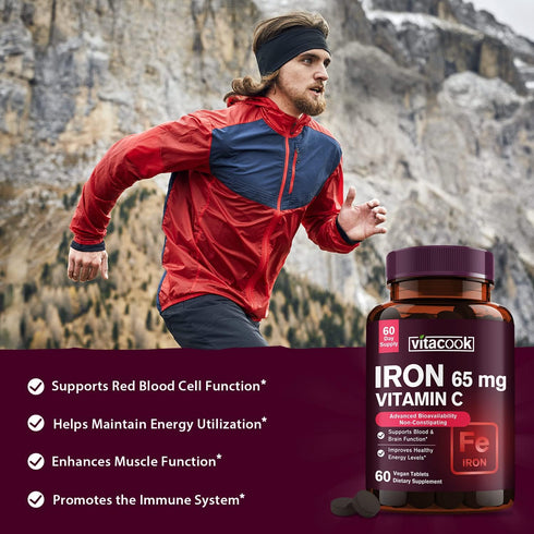 Iron Supplement for Women Men, High Potency 65mg with Vitamin C 250mg, Vegan, Non-GMO, 60 Tablets