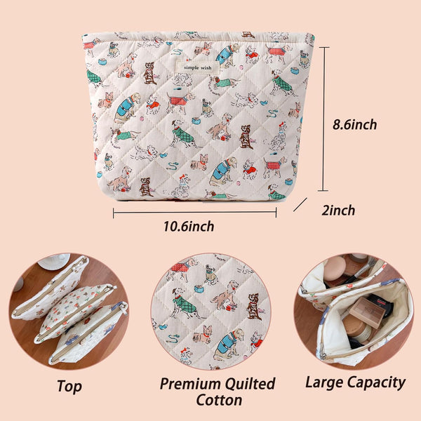 Quilted Cotton Makeup bag Cute Animal Cosmetic bag,Cotton Aesthetic Makeup Bag Large Capacity Travel Toiletry Bag for Women and Girls(01Dog)