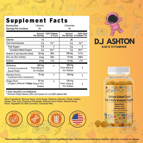 5-in-1 Kid's Immune Support Gummy with Manuka Honey, Vitamin C, Zinc, Echinacea, Ginger - 60 Count, Natural Citrus