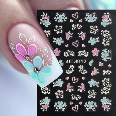 Flower Nail Art Stickers Luxury 5D Embossed Colorful Five Petal Flowers Nail Design for Women, 3 Sheets