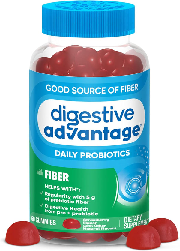 Digestive Advantage Prebiotic Fiber Supplement for Women & Men, 60ct Strawberry Flavor Fiber Gummies for Gut Health