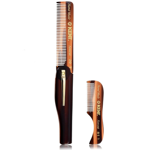 Kent 20T Handmade Fine Tooth Tortoiseshell Folding Comb + Pocket Comb for Beard and Mustache Grooming