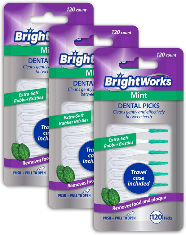 BrightWorks Mint Dental Picks, Extra Soft Rubber Bristles, Flexible Tip, 3 Packs (120 Per Pack) Travel Case Included