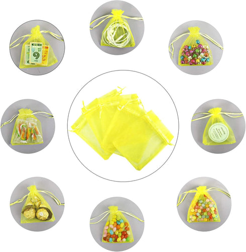 Lautechco 100Pcs Yellow Organza Bags - 4x6 inches Mesh Drawstring Gift Bags for Christmas