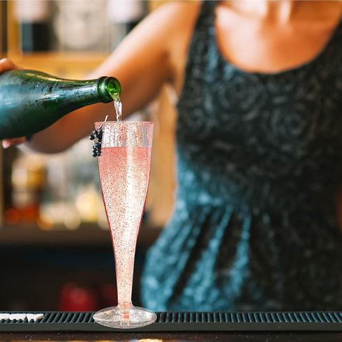 Disposable Champagne Flutes - 6PC Rose Gold Glitter Plastic Glasses for Parties, 6.5 OZ Capacity