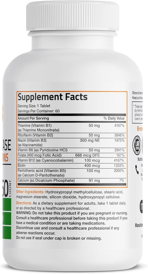 Bronson Super B Vitamin B Complex Sustained Slow Release (Vitamin B1, B2, B3, B6, B9 - Folic Acid, B12) Contains All B Vitamins 60 Tablets