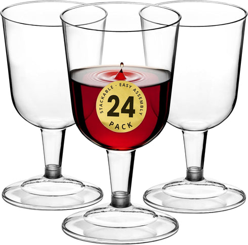 DecorRack 24 Wine Glasses, 6 Oz Plastic Party Wine Cups, BPA Free, Stackable, Reusable, Disposable