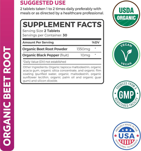 USDA Organic Beet Root Powder, 60 Tablets, 1350mg Beets with Black Pepper for Extra Absorption, Athletic Performance