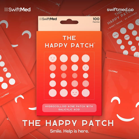 The Happy Patch - Hydrocolloid Acne Patch with Salicylic Acid for Face, Blemishes, Zits Absorbing Patch, Breakouts Spot Treatment for Skin Care, 3 Sizes (100 Count)