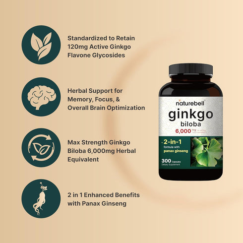 NatureBell Ginkgo Biloba 6,000mg with Panax Ginseng 500mg, 300 Capsules, Promotes Memory and Brain Health