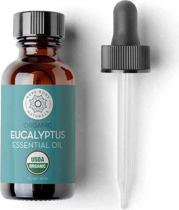 Pure Body Naturals Organic Eucalyptus Essential Oil, 1 fl oz - Pure and Undiluted Therapeutic Grade for Aromatherapy