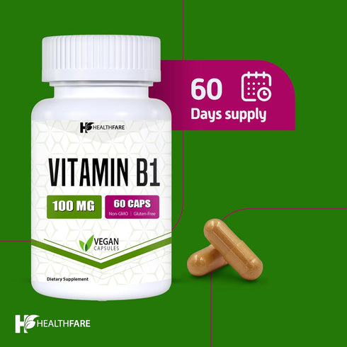 Vitamin B1 100mg | 60 Capsules | Thiamine Supplement | Supports Overall Health | Non-GMO, Gluten Free