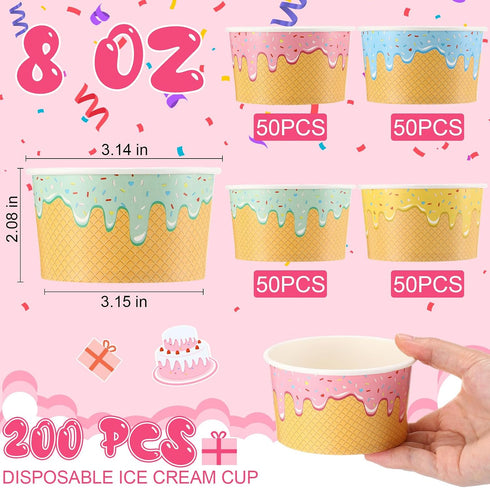Ninehaoou 200 Summer (8 oz) Pcs Ice Cream Cups Bulk Paper Disposable Dessert Bowls Ice Cream Bowls Paper Dessert Cups