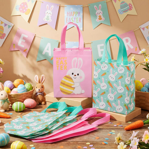 Wovnet 30 10 8 4in Pcs Easter Gift Bags Pastel Colors Easter Bunny Goodie Treat Tote Bags with Handle Reusable Non