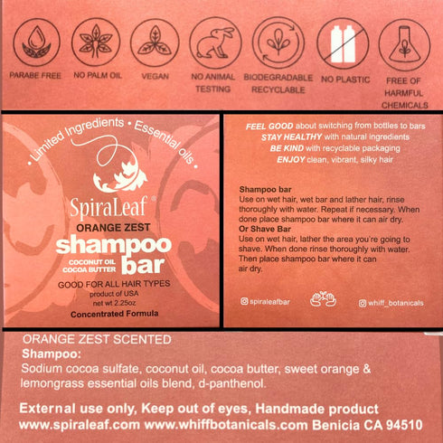 SPIRALEAF Shampoo & Shave Bar, Plant-Based, 2.25oz, Concentrated Formula with Essential Oils, USA Made, Orange Zest