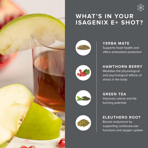Isagenix E+ Liquid Energy Shot with Plant-Based Caffeine & Adaptogenic Botanical Blend - Apple Pomegranate - 2 Oz (6