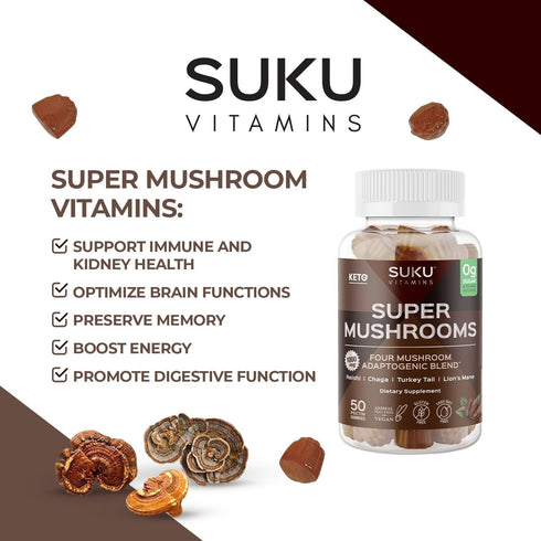 Gummies Immunity Gummy 50 Count SUKU Vitamins - Super Mushroom -Reishi Chaga, Turkey Tail & Lions Mane Blend for - Easy