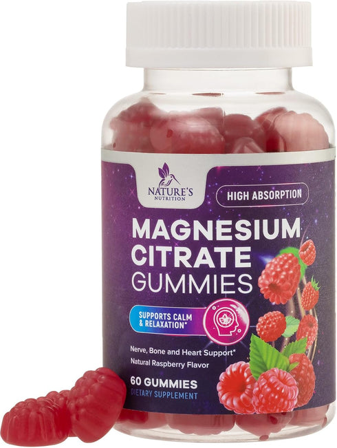 Magnesium Gummies Supplement, High Absorption Magnesium Citrate for Adults & Kids, 60 Gummies for Health Support