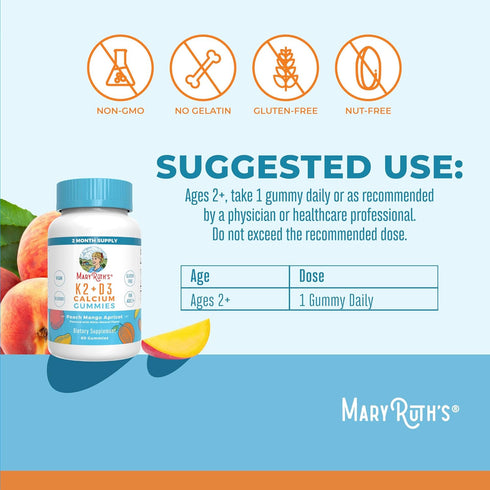 MaryRuth Organics Calcium with Vitamin D & K2, 60 Count Gummies, Vegan, Non-GMO, 2 Month Supply for Bone Health