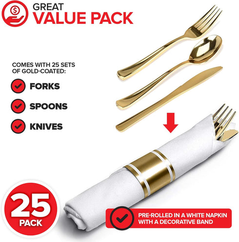 Pre Rolled Plastic Silverware Sets for Parties (25 Pack) Gold Cutlery Set, Disposable Spoons, Forks, Knives, Napkins Prewrapped, Heavy Duty Utensils Individually Wrapped for Wedding, Thanksgiving by Stock Your Home