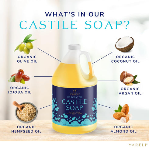 Pure Castile Liquid Soap, Unscented with All Organic Oils, 64oz for Adults, Kids, and Babies