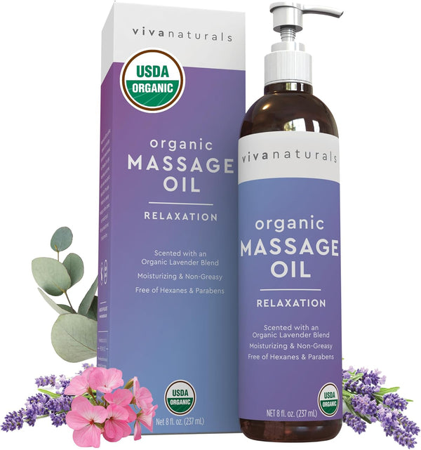 Viva Naturals Organic Massage Oil, 8 fl. oz., Lavender Scented Relaxing Body Massage Oil