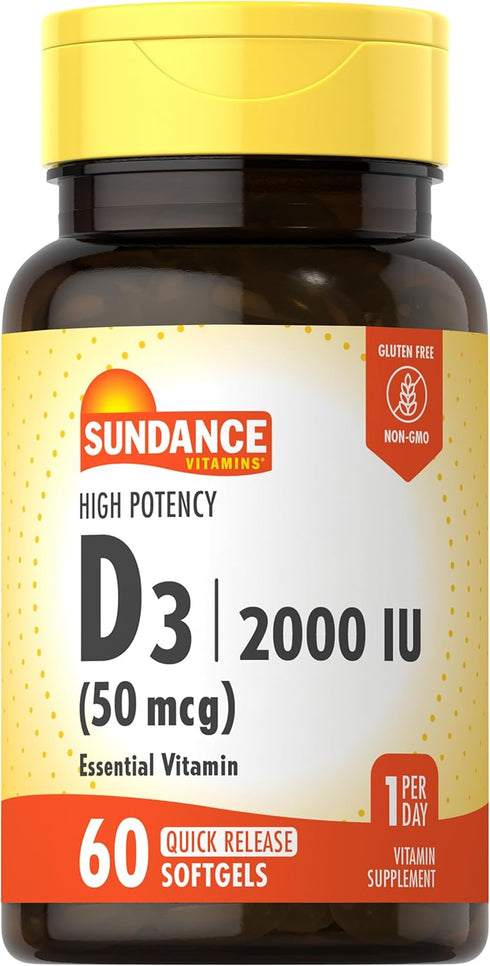Sundance High Potency Vitamin D3 | 2000 IU (50 mcg) | 60 Quick Release Softgels | Non-GMO, Gluten Free